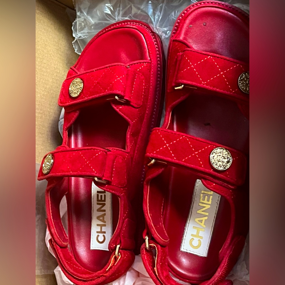 Chanel Cc Dad Quilted Sandals In Calf Leather Women Red Size 37